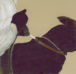 Susan Crile “Hands of Power: dog & master on attack / Le mani del potere: cane e padrone all’attacco”, 2005 carboncino e pastello su carta, cm 69,85×69,85