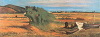 Giovanni Fattori, (Livorno, 1825 – Firenze, 1908), Rappezzatori di reti a Castiglioncello, 1870 circa, Olio su tela, 23,5 x 62 cm, Collezione privata