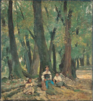 Giovanni Fattori, (Livorno, 1825 – Firenze, 1908), Tre contadine sedute nel bosco all’ombra, 1875 circa, Olio su tela, 38,5 x 35 cm, Collezione privata