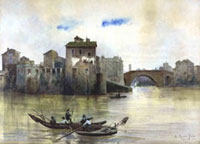 Ettore Roesler Franz (Roma 1845-1907), Isola Tiberina da ponente col Ponte Cestio prima delle ultime demolizioni, Acquerello, mm 569×790, Roma 1878