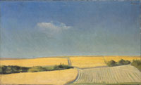 Gérard de Palézieux, Paysage avec champ de blé, 1941 - olio su tela, 34.2 x 19.8 cm - Musée Jenisch Vevey