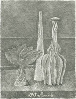 Giorgio Morandi, Natura morta con compostiera, bottiglia lunga e bottiglia scannellata, 1928, Acquaforte, mm 234 x 182,Bologna, Museo Morandi