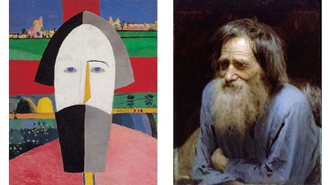 Kazimir Malevich. Testa del contadino. 1928-1929 olio su multistrato - Ivan Kramskoj. Mina Moiseev. 1882. Olio su tela