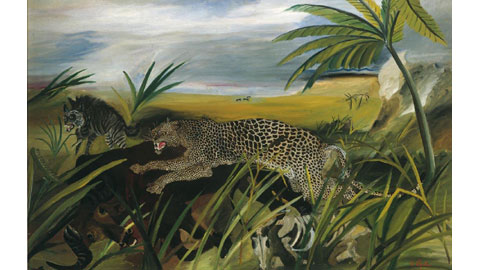 Antonio Ligabue: Leopardo con bufalo e iena, olio su tela cm 83 x126