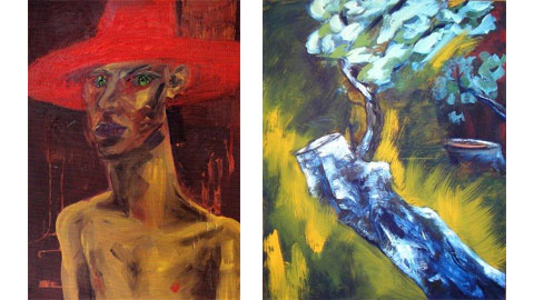 Self with Red Hat, 1985, olio su tela 213x152 cm e Bernd Zimmer, Olivenhain II, 1984, 160x130 cm