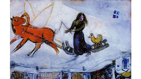 Marc Chagall: La luge dans la neige (particolare), 1944, olio su tela, 44 x 53 cm collezione privata. copyright delle immagini: © Chagall ®, by SIAE 2010