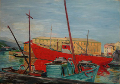 Aligi Sassu, Il porto e la barca, 1956, olio su tela 49,8x70