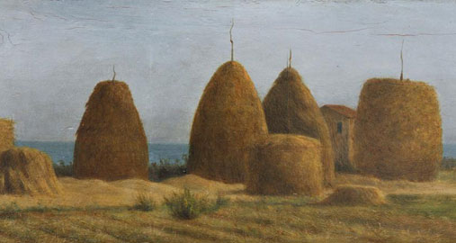 Raffaello Sernesi: Pagliai a Castiglioncello, olio su tavola, cm 20 × 51 1865 circa