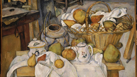 Paul Cézanne, Il tavolo di cucina – Natura morta con cesta, (1888-1890), olio su tela; 65x80 cm,  Parigi, Musée d’Orsay, lascito di Auguste Pellerin, 1929, © RMN (Musée d’Orsay) / Hervé Lewandowski