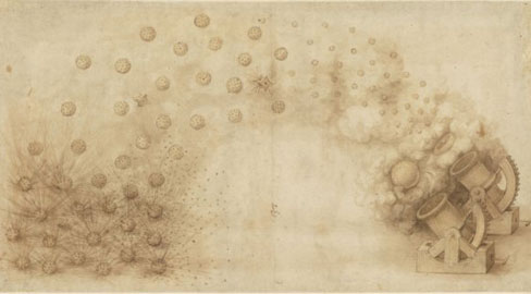 Leonardo, Due bombarde che scagliano palle esplosive Veneranda Biblioteca Ambrosiana, CA f. 33 recto, Sezione "CAPOLAVORI TRA CAPOLAVORI" / Capolavori della grafica di Leonardo