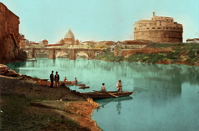 Castel Sant'Angelo - Fiume Tevere - Pescatori, Roma, Italia 1880 circa, Stampa all'albume, colorata a mano