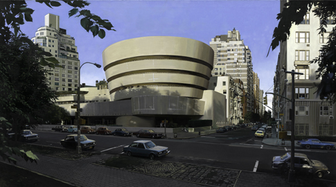 Richard Estes (b. 1932) The Solomon R. Guggenheim Museum, Summer 1979 Oil on canvas 31 1/8 x 55 1/8 inches (79 x 140 cm) Solomon R. Guggenheim Museum, New York Purchased with the aid of funds from the National Endowment for the Arts, in Washington, D.C., a Federal Agency; matching funds contributed by Mr. and Mrs. Barrie M. Damson, 1979