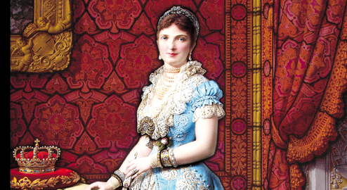 La Regina Margherita di Savoia, Francesco Moretti, 1881, ritratto su vetro, cm 208 x 143, Perugia, Museo - Laboratorio di vetrate artistiche, Moretti Caselli, particolare