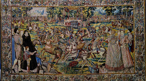 Un torneo della serie delle Feste dei Valois, 1575ca.; manifattura di Bruxelles; disegno di Antonio Caron, 1564 ca.; cartone di Lucas de Heere,  Depositi della Galleria degli Uffizi, Firenze