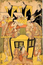 Torii Kiyonaga (1752-1815), Tre attori kabuki attorno a una portantina, Xilografia su carta, nishiki-e con gauffrage, Periodo Edo, seconda metà XVIII secolo