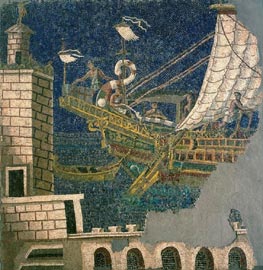 Mosaico policromo con nave e faro