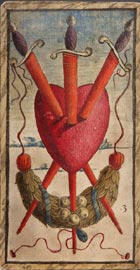 Nicola di maestro Antonio, 3 di spade, 1490 ca, stampa su carta pressata e incollata a formare un cartoncino, miniata a colori e oro 14,4x7,8 cm