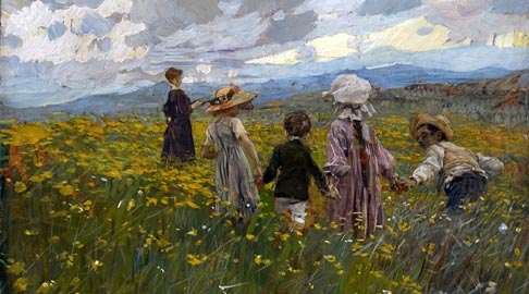 Ettore Tito, Prato in fiore (Bambini sull’altopiano di Asiago), 1901- Olio su tavola, 24,1x34,5 cm