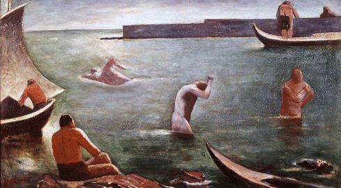 Carlo Carrà: I nuotatori (Bagnanti), 1932, olio su tela, 63.5 x 108.5 (MART, Museo d’arte moderna e contemporanea, Trento e Rovereto)