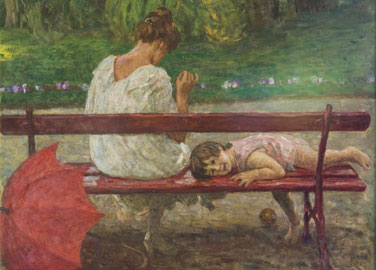 Luigi Rossi, Sulla panchina di Biolda, 1920-1922, olio su tela, 72 x 92 cm, Courtesy Galleria Bottegantica, Milano-Bologna