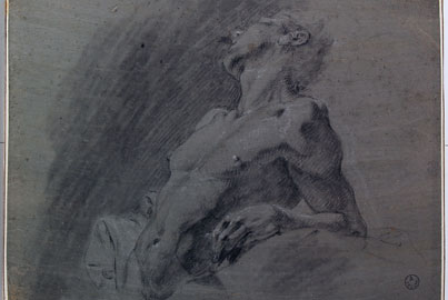 Gianbattista Piazzetta (ambito di) (Venezia, 1682-1754) Nudo maschile a mezza figura Matita nera, gesso bianco, pastello grigio e acquarello su carta preparata azzurra; mm 208x285