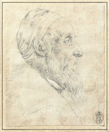 Tiziano Vecellio, (Pieve di Cadore, 1495 ca. - Venezia 1576), Autoritratto, 1570 ca., Gessetto nero su carta avorio, 120 x 99 mm, Collezione privata, U.S.A.