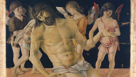 Giovanni Bellini, Cristo in pietà sorretto da quattro angeli (1470 ca.), tempera e olio su tavola, trasportata su tela e fissata su supporto di vetroresina e alluminio, Rimini, Museo della Città 
