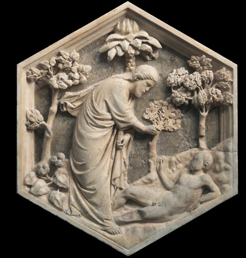 Andrea Pisano, formella con Creazione di Adamo dal Campanile di Giotto, Museo dell'Opera del Duomo, Firenze