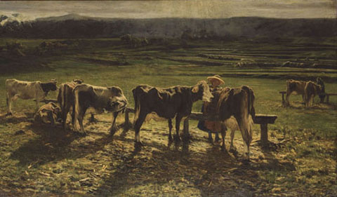 Segantini, Alla stanga, 1886, olio su tela, 170 x 390 cm, Roma, Galleria nazionale d’arte moderna e contemporanea