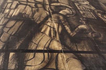 Mario Sironi Cartone per la vetrata “l’Annunciazione” Chiesa del Nuovo Ospedale Niguarda Carboncino su carta da spolvero riportata su tela 1938-1939 cm 236x238 collezione privata