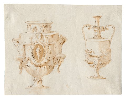 Giambattista Tiepolo, Vasi, penna e inchiostro bruno, inchiostro diluito bruno, su traccia di grafite, mm 189x240, Trieste, Civico Museo  Sartorio, inv. 1913
