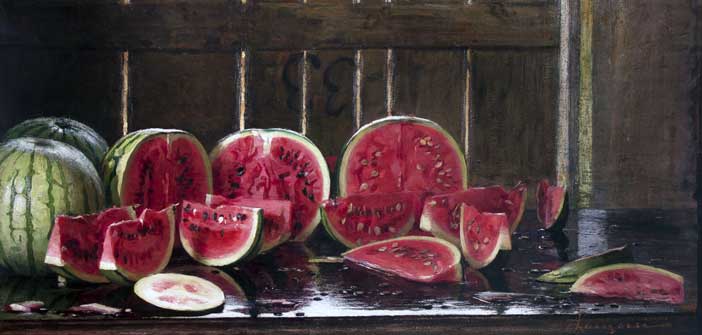 Emilio Longoni, Tavolo con angurie, olio su tela, 62x120 cm Collezione privata 