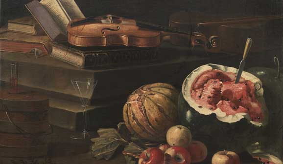 Cristoforo Munari, (Reggio Emilia, 1667 - Pisa, 1720), Natura morta con violino, libro e frutta, Olio su tela, 113 x 86 cm, MORETTI FINE ART – Firenze, Londra, New York