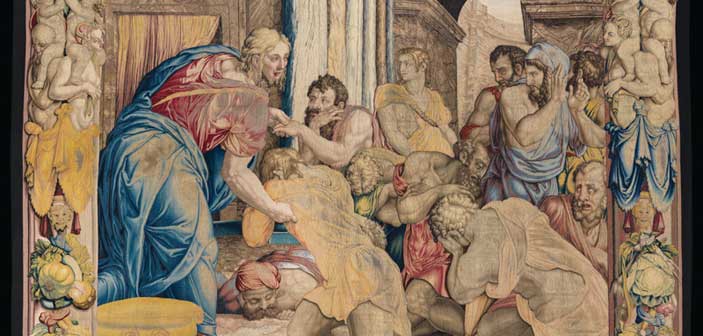 Giuseppe perdona i fratelli, 1550-1553, disegno e cartone di Agnolo Bronzino, atelier di Nicolas Karcher, Firenze, Soprintendenza Speciale PSAE e per il Polo Museale