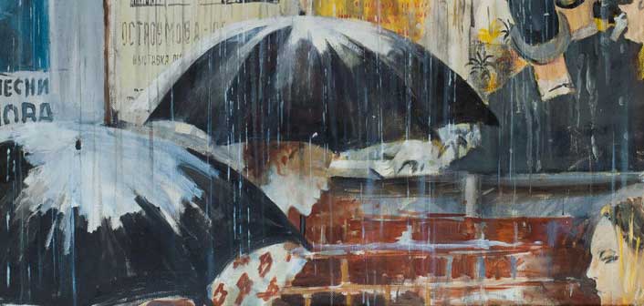 Jurij Pimenov, Cartelloni sotto la pioggia, 1973, 86,7х80,7 - Particolare