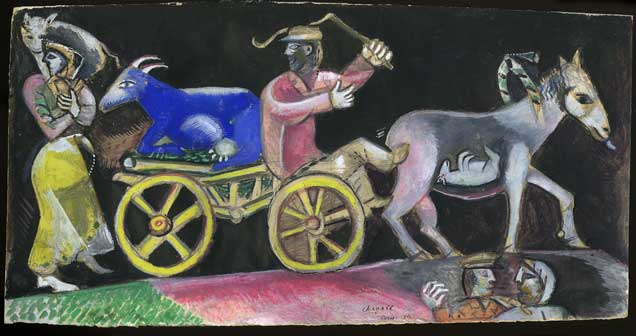 Marc Chagall, Studio per The Cattle Dealer, 1912, Gouache e grafite su carta, 15, 7x31 cm, Lascito Jules Lubell, New York, all'American Friends of the Israel Museum, in  memoria della nonna Chaya Austern Fuchs © Chagall ® by SIAE 2015