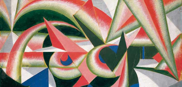 Giacomo Balla, Forze di paesaggio + cocomero, 1917-1918, tempera su carta intelata