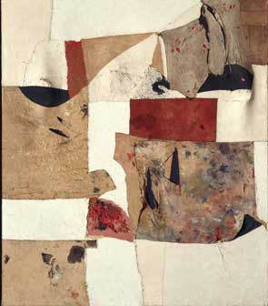 Alberto Burri: Gobbo Bianco, 1953; cm. 100,7x87; Stoffa, olio, segatura, pietra pomice su tela estraflessa (Fondazione Palazzo Albizzini Collezione Burri)
