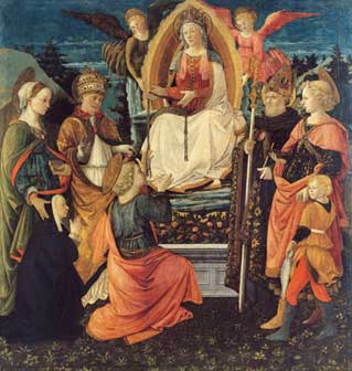 Filippo LIPPI e Fra DIAMANTE, La Madonna della Cintola, i santi Gregorio, Margherita, Tommaso, Agostino e Tobiolo e l¹Angelo,1456-1465
