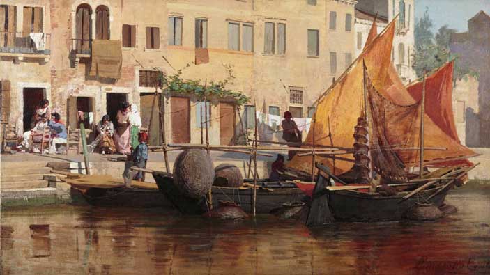 Egisto Lancerotto: Canale di Venezia, olio su tela, cm 68,5 x 120,5 Londra, collezione privata