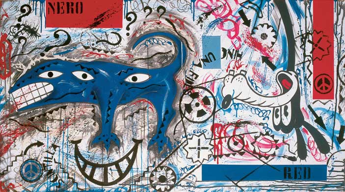 Pablo Echaurren, Vulcanizzatori di anime forate, 1990, acrilico su tela, 100 x 180 cm