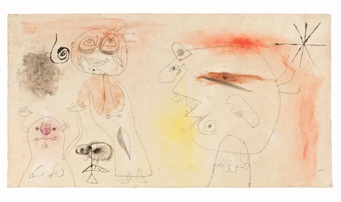 Joan Miró, Donne, uccello, stelle, 1942, Matita, matita morbida, pastello, inchiostro di china e acquerello su carta, cm 42,5 x 79, Collezione privata © Successió Miró by SIAE 2016
