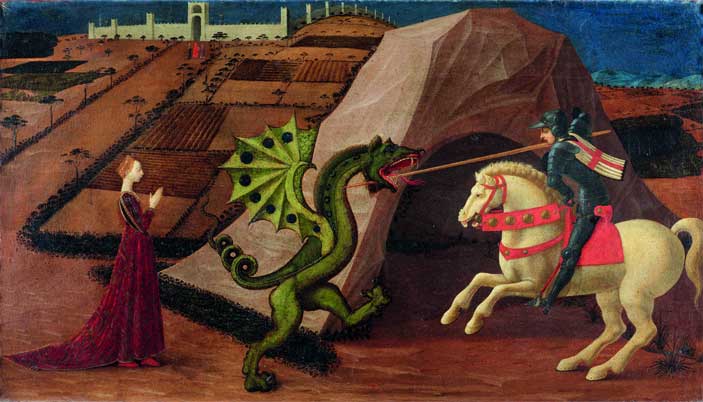 Paolo Uccello: San Giorgio e il drago, c. 1458-60 Olio su tavola, cm 52 x 90 Parigi, Musée Jacquemart-André - Mostra Orlando Furioso 500 anni