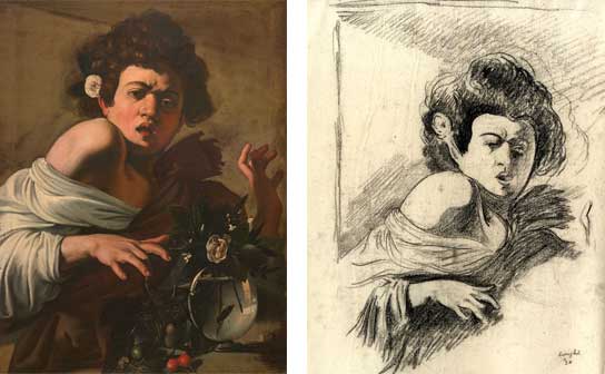 Caravaggio, Fanciullo morso da un ramarro e Disegno dal dipinto di Caravaggio Fanciullo morso da un ramarro di Roberto Longhi