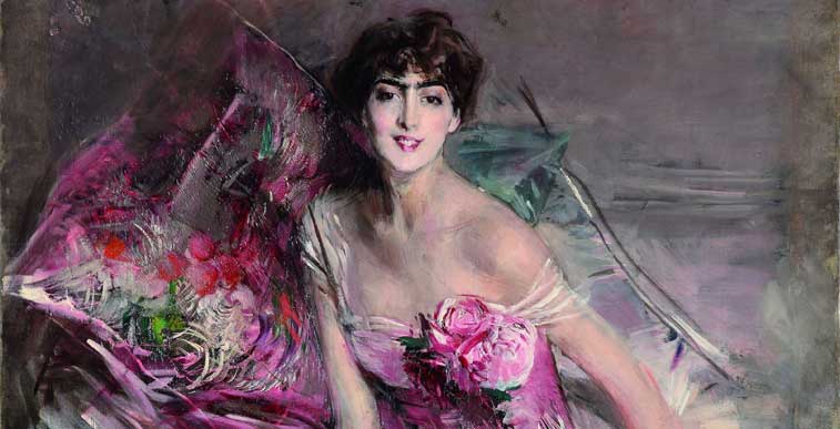 Giovanni Boldini: La signora in rosa, 1916 Olio su tela, cm 163 x 113 Ferrara, Gallerie d’Arte Moderna e Contemporanea, Museo Giovanni Boldini (particolare)