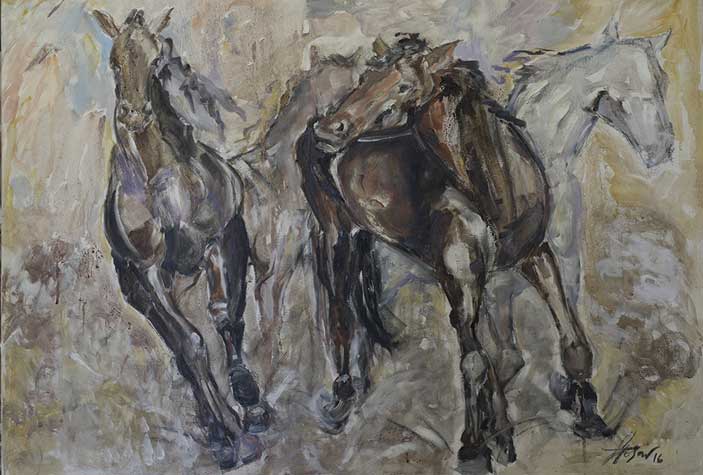 Elisabetta Rogai, Quattro Caratteri diversi (Cavalli), Enoarte ©, vino e olio su tela, cm 100 × 70,  2016