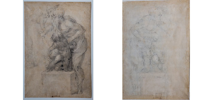Michelangelo Buonarroti, Sacrificio di Isacco, 1530 circa, matita nera, matita rossa, penna (recto), matita nera (verso), mm 482 x 298 Firenze, Casa Buonarroti