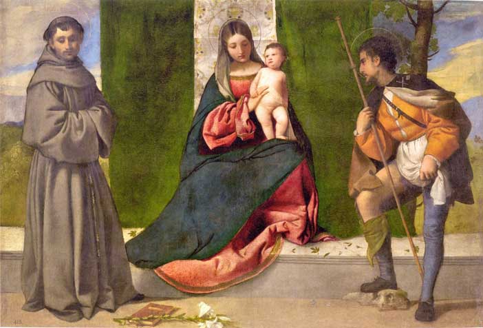 Tiziano Vecellio, Madonna col Bambino tra Sant’Antonio da Padova e San Rocco, c.1510, Madrid, Museo del Prado, inv.288, olio su tela, cm 92 x 133