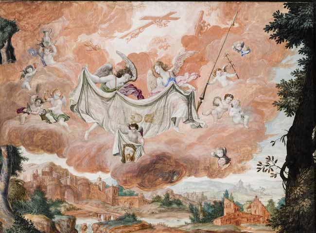 Antonino Parentani (doc. in Piemonte dal 1599 al 1622), Sindone presentata da angeli, la Veronica e i simboli della Passione, tempera su pergamena, mm 370x503, Castello di Racconigi