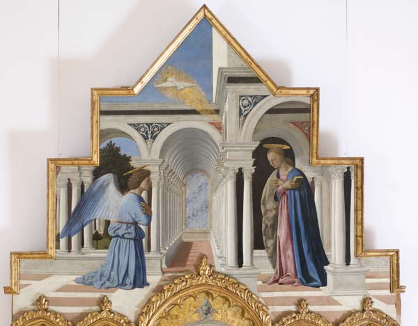 Piero della Francesca, Annunciazione della Vergine Maria, 1467 - 1468, (Cimasa del Polittico di Sant’Antonio), Tempera su tavola, 122x194 cm, Perugia, Galleria Nazionale dell’Umbria